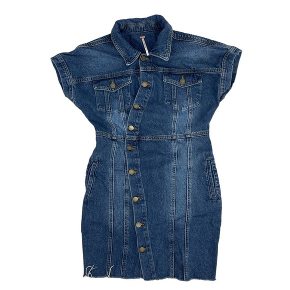 Free People Women’s The City Asymmetrical Blue Denim Jean Frayed Mini Dress Sz S - Picture 4 of 11